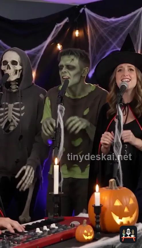 Halloween opening shot with a skeleton, a zombie and a witch singing behind a jack-o-lantern desk