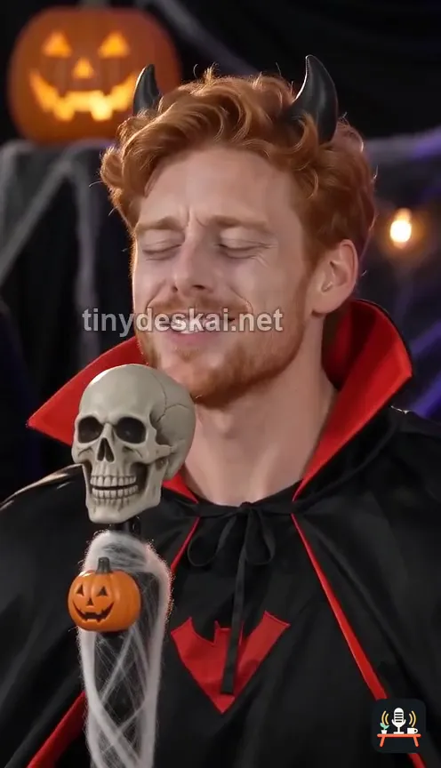 Lead singer in a vampire cape and devil horns singing into a skull microphone