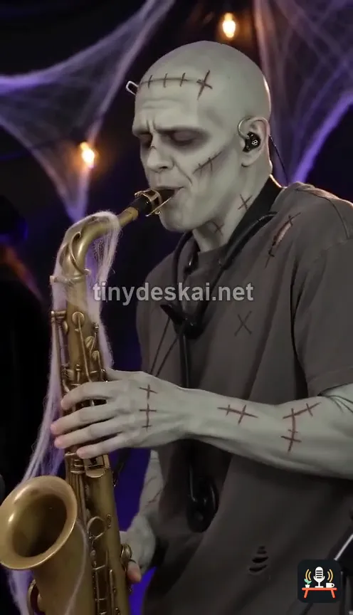 A Frankenstein-style monster playing the saxophone under cobwebs
